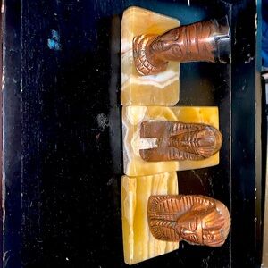 3 Vtg Egypt Sphinx King Tut Nefertiti Bronze Metal Paperweights Marble Base